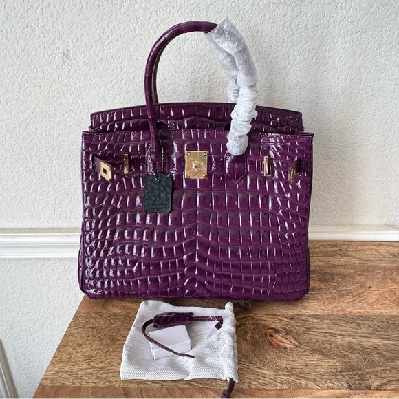 LEATHER INSIDE & OUT Purple Arch Bead 30 BK High Gloss Croc 3D Emboss Satchel B1 - Picture 16 of 16